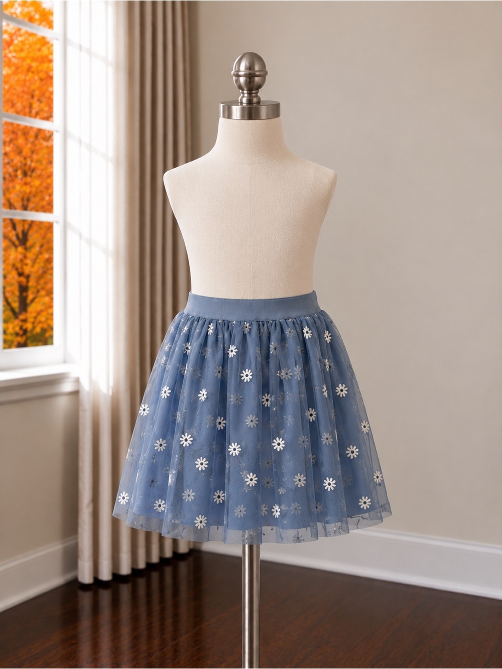 Mayoral Blue Floral Tulle Skirt & White Sequin Flower Top - Girls - Size 9
